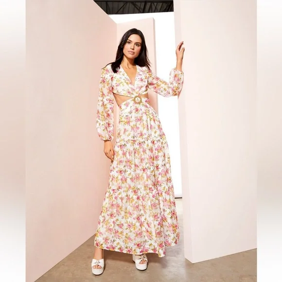 NWT GIANNI BINI Lillian Floral Print Long Sleeve Deep V-Neck Cut-Out Tiered dres - Picture 1 of 10